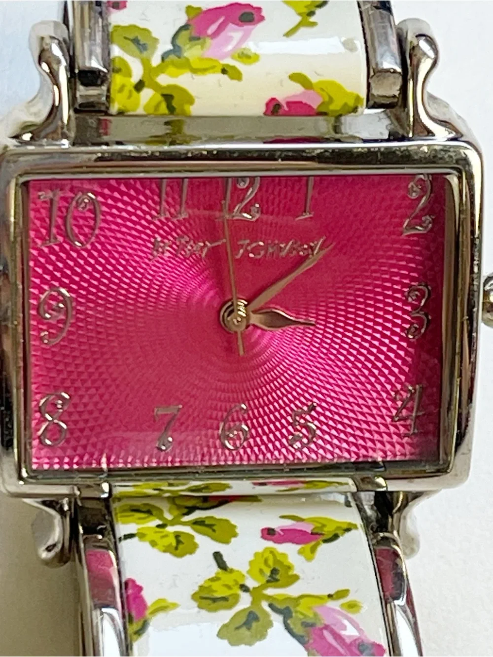 Y2K Betsey Johnson rosebud floral watch with a square hot-pink textured dial